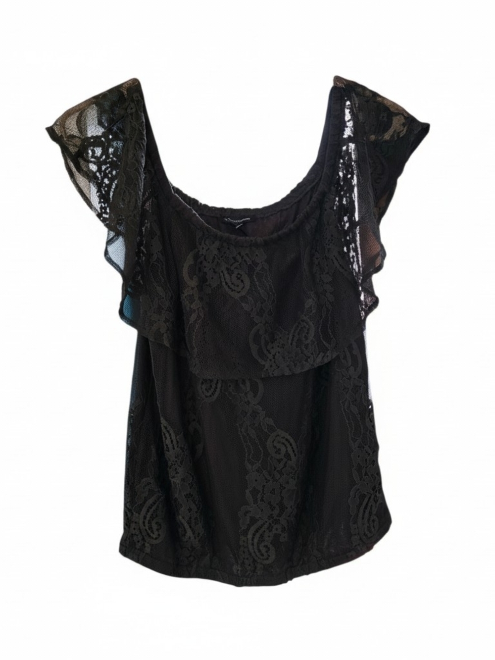 Express Black Off-Shoulder Lace Ruffle Top - Picture 2 of 6